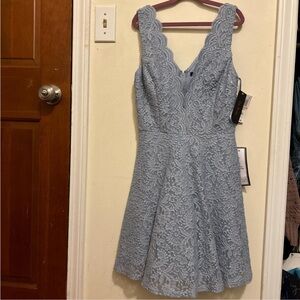 Elegant Glittery Blue Lace Dress; A-Line, V-Neck